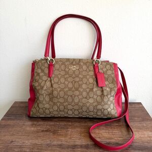 Coach Stanton Carryall Signature Canvas Khaki Red Tote Bag Crossbody Strap Y2K